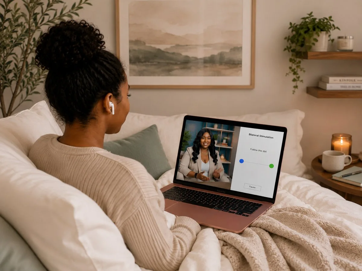 Woman doing virtual EMDR therapy session on laptop at home with bilateral stimulation, New Steps Care
