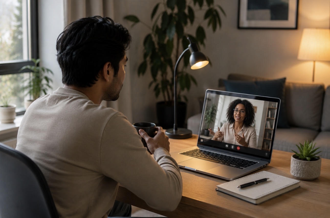 Adult in a one-on-one virtual therapy session