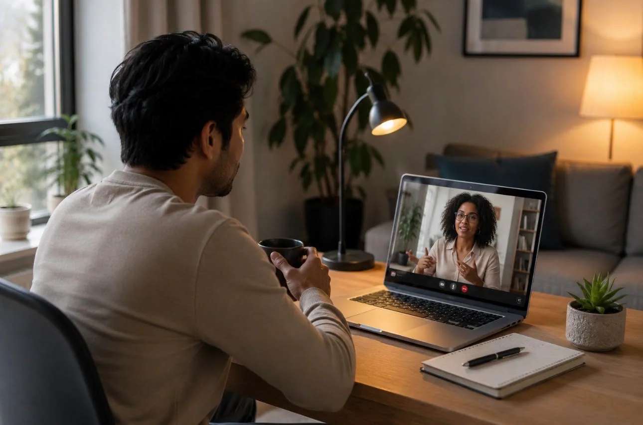 Adult in a one-on-one virtual therapy session