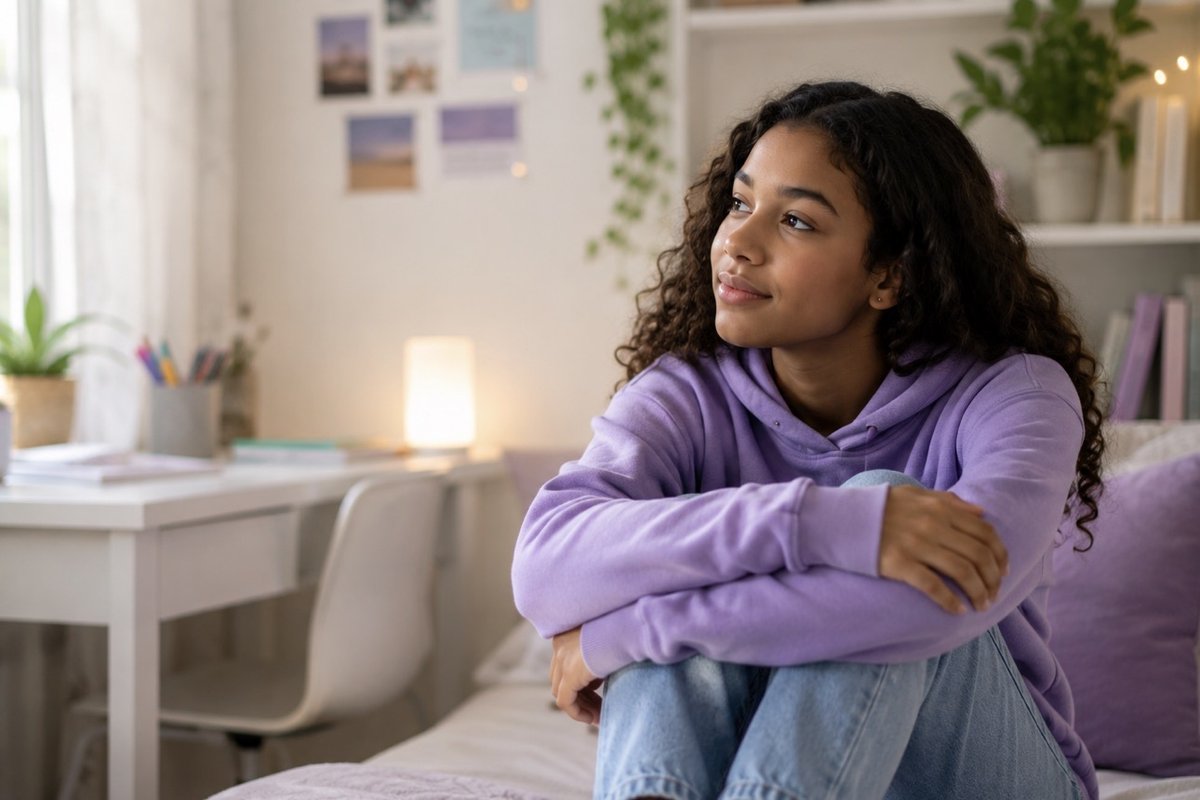 Teen girl in virtual therapy session at home